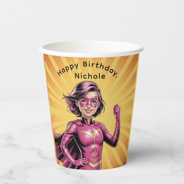 Vasos De Papel Pink Girl Superhero Birthday Party (Anverso)