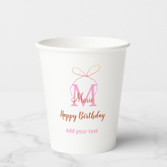 Vasos De Papel Pink glitter bow add name letter monogram birthday (Anverso)