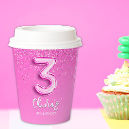 Vasos De Papel Pink Glitter Number 3 Balloon Birthday Party