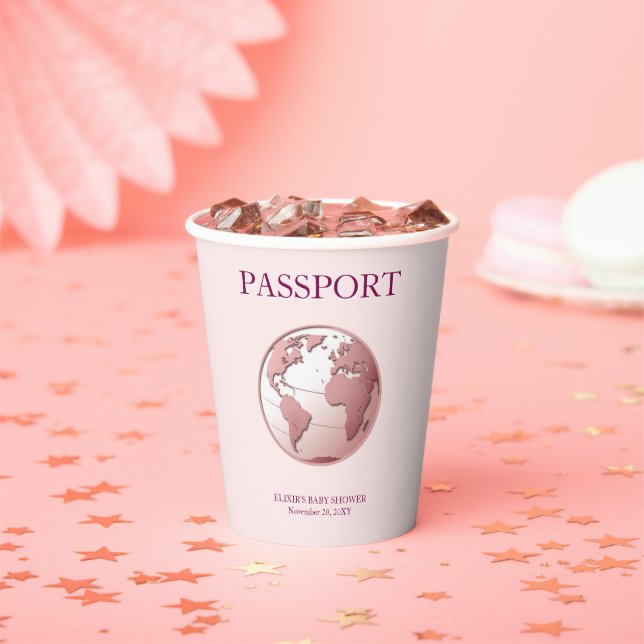 Vasos De Papel Pink Globe Passport Travel Baby Shower (in situ)
