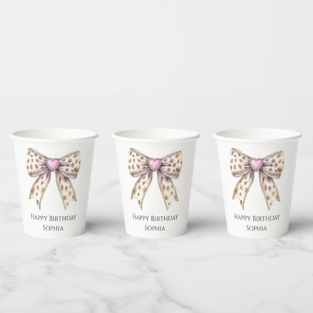 Vasos De Papel Pink Heart Leopard Girly Bow Cumpleaños (Multi)