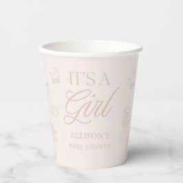 Vasos De Papel Pink It's a Girl Hand Drawn Minimal Baby Shower
