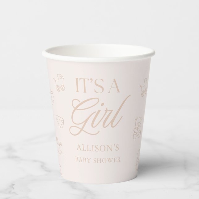 Vasos De Papel Pink It's a Girl Hand Drawn Minimal Baby Shower (Anverso)