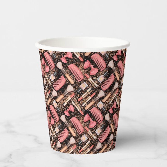 Vasos De Papel Pink Makeup Cosmetics Pattern Glitter  (Anverso)