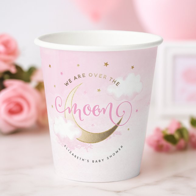 Vasos De Papel Pink Over the Moon Paper Cups (Pink Over the Moon Baby Shower Paper Cups
#OverTheMoon)