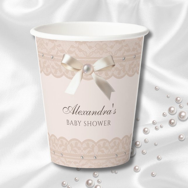 Vasos De Papel Pink Pearl Satin Bow Regency Lace Baby Shower (Subido por el creador)