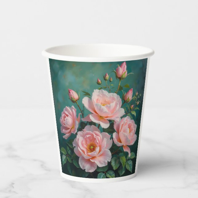 Vasos De Papel Pink Peonies Artwork on Emerald Green (Anverso)