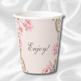 Vasos De Papel Pink Peony Rococo Floral Baby Shower