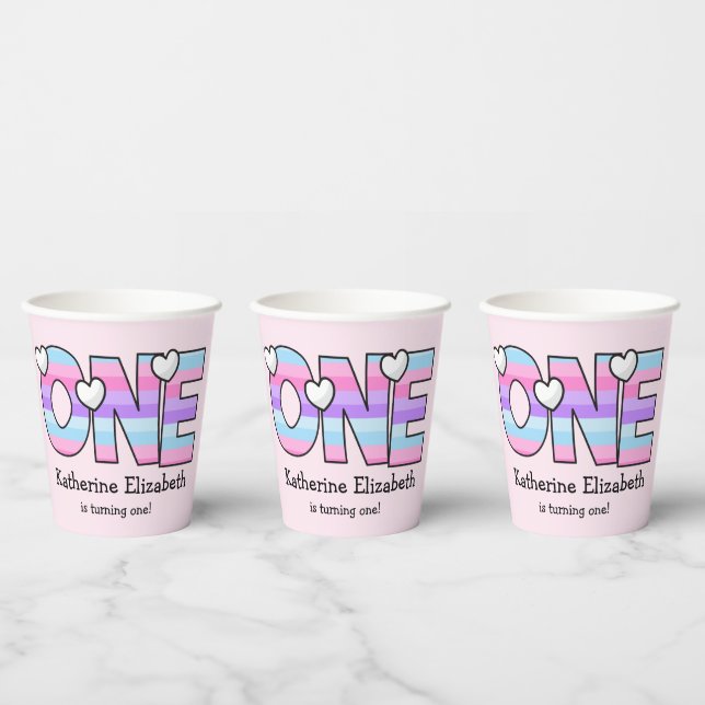 Vasos De Papel Pink Purple Ombre Stripes Hearts First Birday (Multi)