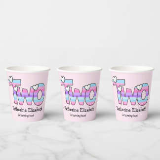 Vasos De Papel Pink Purple Ombre Stripes Hearts Second Birday