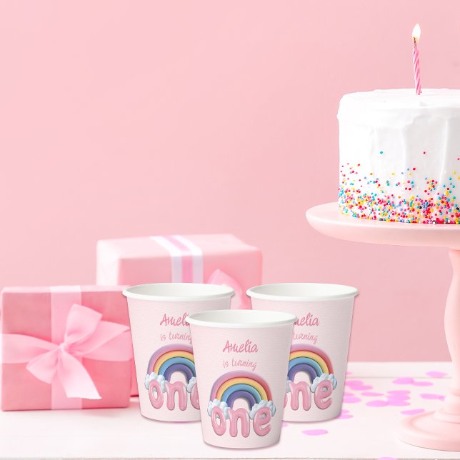 Vasos De Papel Pink Rainbow Turning One First Birthday (Subido por el creador)