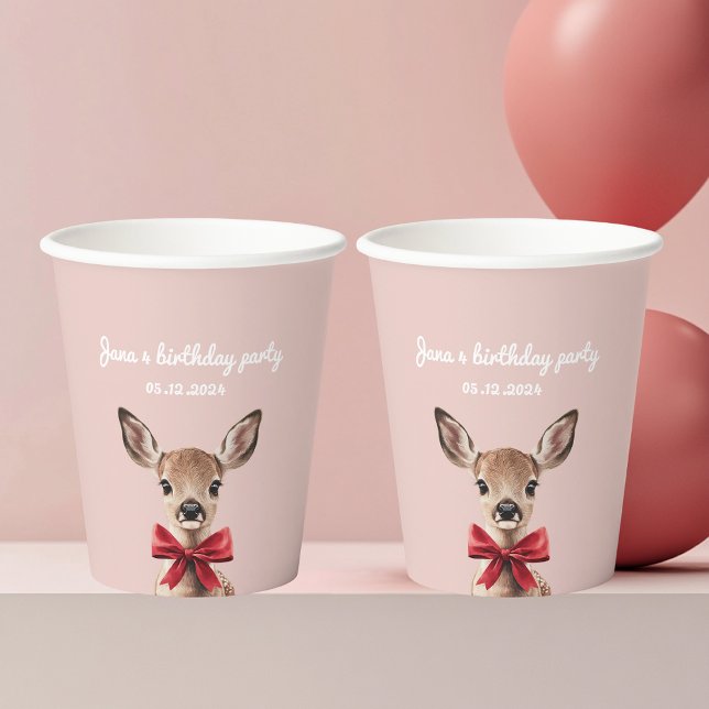 Vasos De Papel Pink & Red Deer | Fiesta de cumpleaños de Woodland (Subido por el creador)