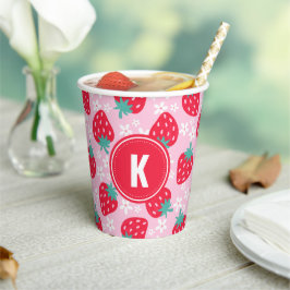 Vasos De Papel Pink Red Strawberries Floral  Pattern Monogram