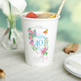 Vasos De Papel Pink Rose Ribbon 40th Birthday
