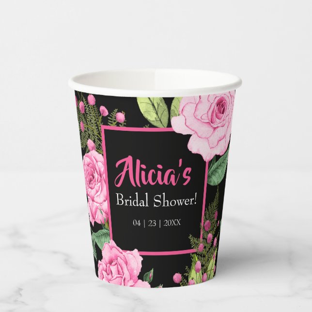 Vasos De Papel Pink Roses on Black Bridal Shower (Izquierda)