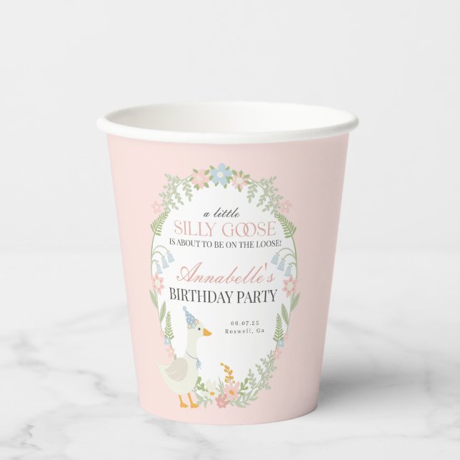 Vasos De Papel Pink Silly Goose Floral Gingham Birthday Party (Anverso)