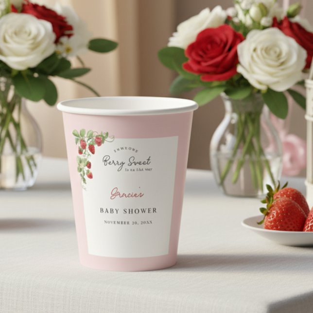 Vasos De Papel Pink Strawberry Baby Shower (Berry Sweet Baby Shower Paper Cup)