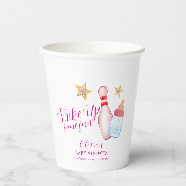 Vasos De Papel Pink Strike Up Some Fun Bowling Sport Baby Shower  (Anverso)