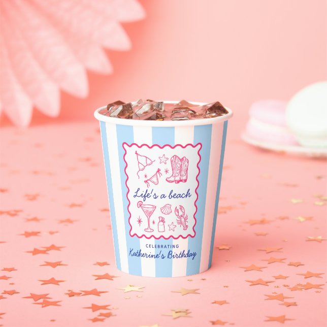 Vasos De Papel Pink Summer Favorites Blue Stripes Birthday  (in situ)