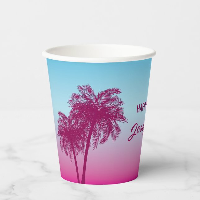 Vasos De Papel Pink Summer Palm Trees Tropical Sky Birthday (Anverso)