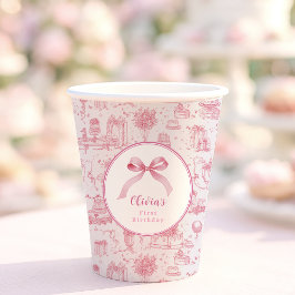 Vasos De Papel Pink Toile Coquette Bow Primer Chica de cumpleaños