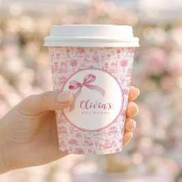 Vasos De Papel Pink Toile Coquette Bow Primer Chica de cumpleaños