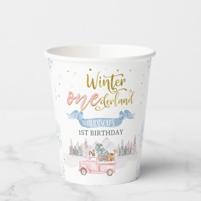 Vasos De Papel Pink Truck Banner Winter Onederland Birthday Cups (Izquierda)