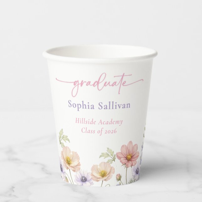 Vasos De Papel Pink Wildflower Bloom Graduation Party (Anverso)
