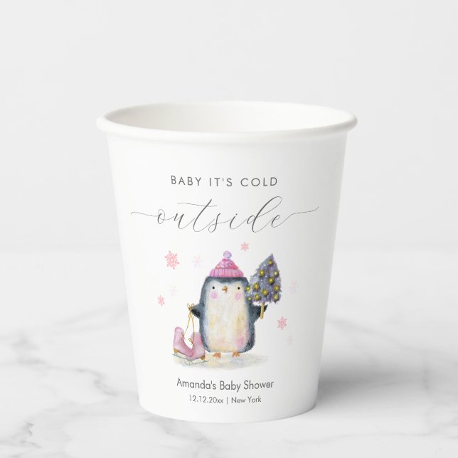 Vasos De Papel Pink Winter Woodland Skate Penguin Baby Shower  (Anverso)