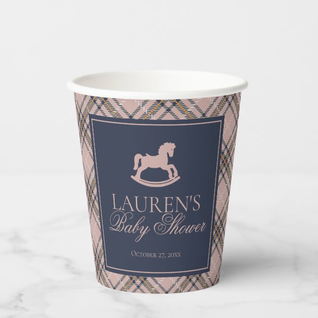 Vasos De Papel PinkTartan Plaid Classic Rocking Horse Baby Shower (Anverso)