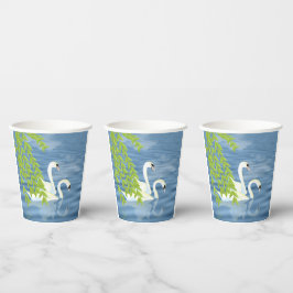 Vasos De Papel Pintando la pareja azul y verde de cisnes en el la