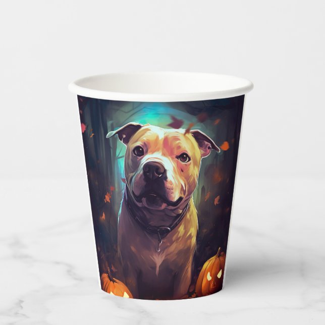 Vasos De Papel Pitbull De Halloween Con Calabazas Asustadas (Anverso)