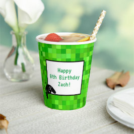 Vasos De Papel Píxeles de juego verde | Fiesta de cumpleaños del 