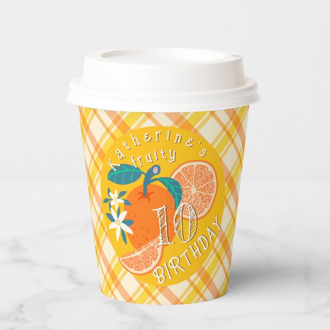 Vasos De Papel Plaid Naranja Frutal Cumpleaños 10º (Anverso)