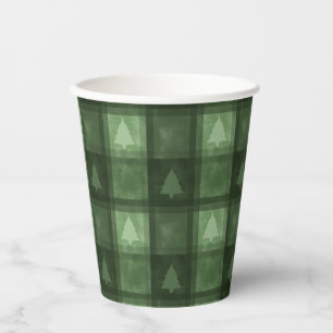 Vasos De Papel Plaid Verde Texturizado Y Formas De Abeto Navidad