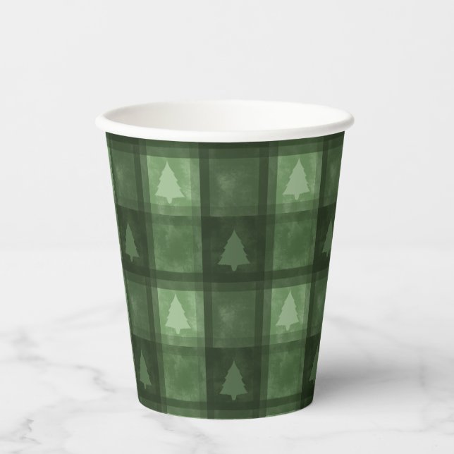 Vasos De Papel Plaid Verde Texturizado Y Formas De Abeto Navidad (Anverso)