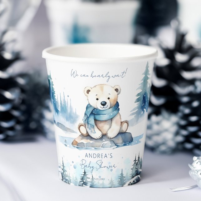 Vasos De Papel Plantilla de ducha de bebé en invierno ártico de o (Polar bear arctic winter baby shower personalized tableware template paper cup cute white teddy bear)