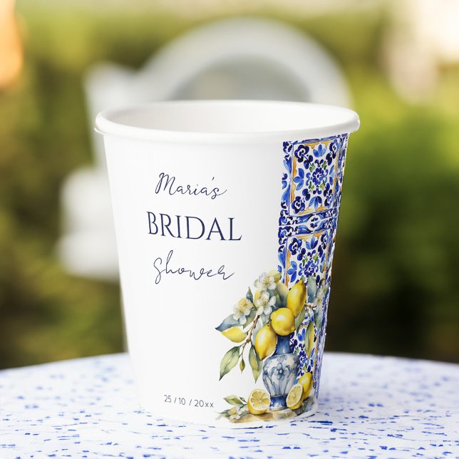 Vasos De Papel plantilla de novia de azulejos azules de Amalfi (Amalfi Vietri Italian blue tiles lemons bridal template Paper Cups personalized tableware summer)