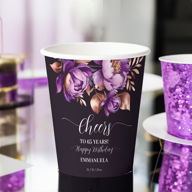 Vasos De Papel Plantilla de peonatos púrpura de la fiesta de cump (Birthday party tableware purple peonies template Paper Cups personalized party cups 60th birthday)