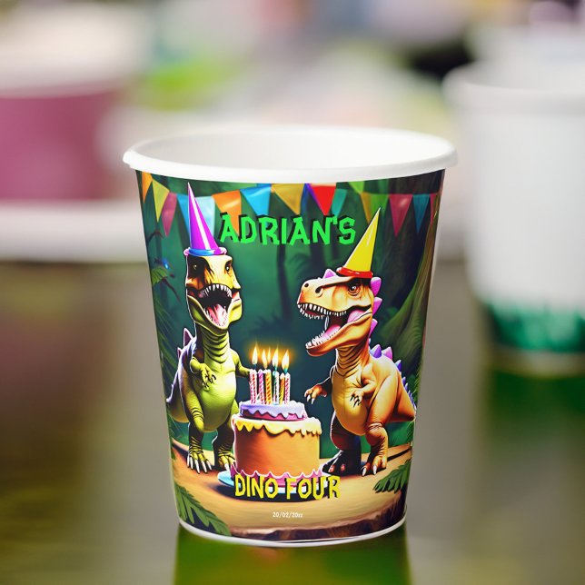 Vasos De Papel Plantilla de vajilla de cumpleaños de Dino cuatro  (Dino four dinosaur birthday birthday personalized tableware template paper cups t-rex party cups )