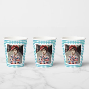 Vasos De Papel Plantilla fotográfica de Gingham azul Cumpleaños