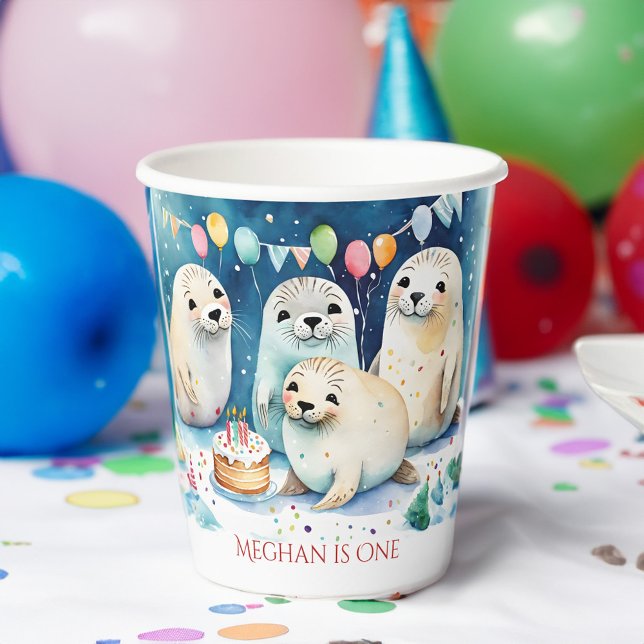Vasos De Papel Plantilla personalizada de cumpleaños de foca árti (Arctic seal winter wonderland birthday party personalized paper cups template seal party supplies)
