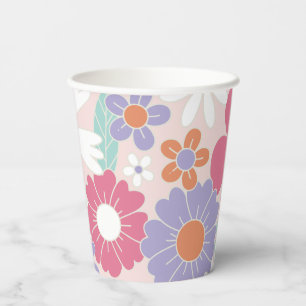 Vasos De Papel Platos de papel florales rosados retro divertidos