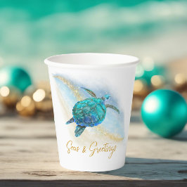 Vasos De Papel Playa de Navidad Tortuga Marina Mares y Saludos