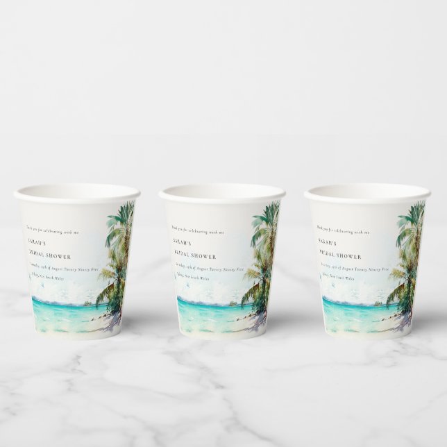 Vasos De Papel Playa Tropical Acuarela Palm Trees Ducha Bridal (Multi)