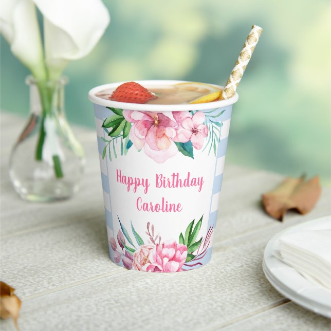 Vasos De Papel Playa Tropical Bandas Azules Verano Aniversario Fl (in situ)