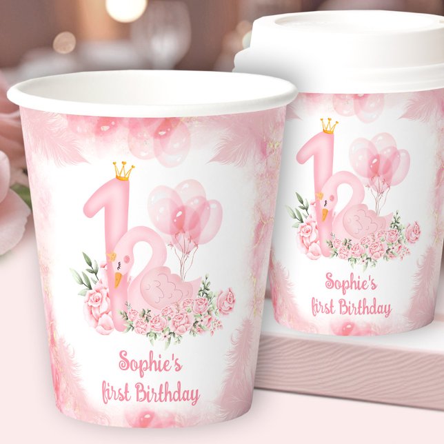 Vasos De Papel Pluma de la flor de cisne Chica blanco rosado Prim (Swan Floral Feather Pink White Girl 1st Birthday Paper Cups)