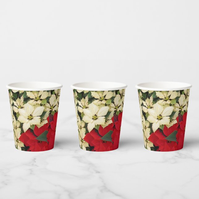 Vasos De Papel Poinsettias blancas y rojas con flores (Multi)