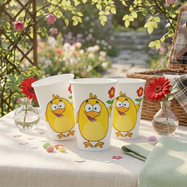 Vasos De Papel Pollito de dibujos animados amarillo lindo con flo (Subido por el creador)