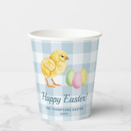 Vasos De Papel Pollito y Huevos al Acuarela en Azul Feliz Pascua